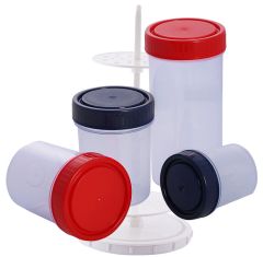 Sample Container, PP/HDPE, Capacity 60 ml, Blue, Red & White, No. per case-400