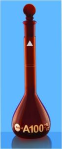 VOLUMETRIC FLASK BLUE MARK A 250ML AMBER