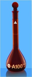 VOLUMETRIC FLASK BLUE MARK A 50 ML AMBER